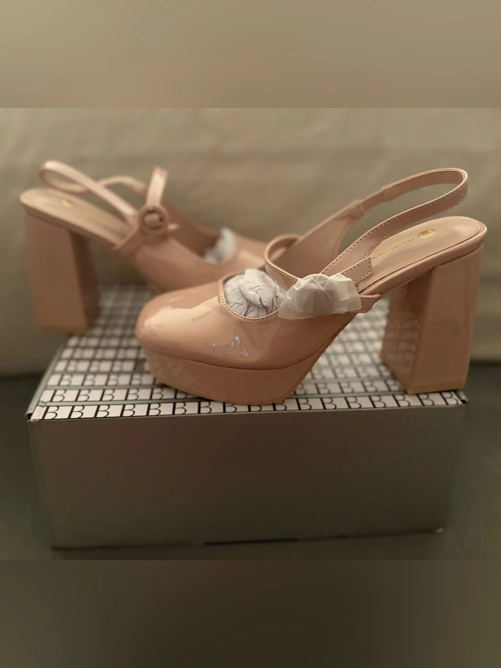Newbella Women’s Classic Patent Slingback Square-Toe Platform Pumps in Beige 6